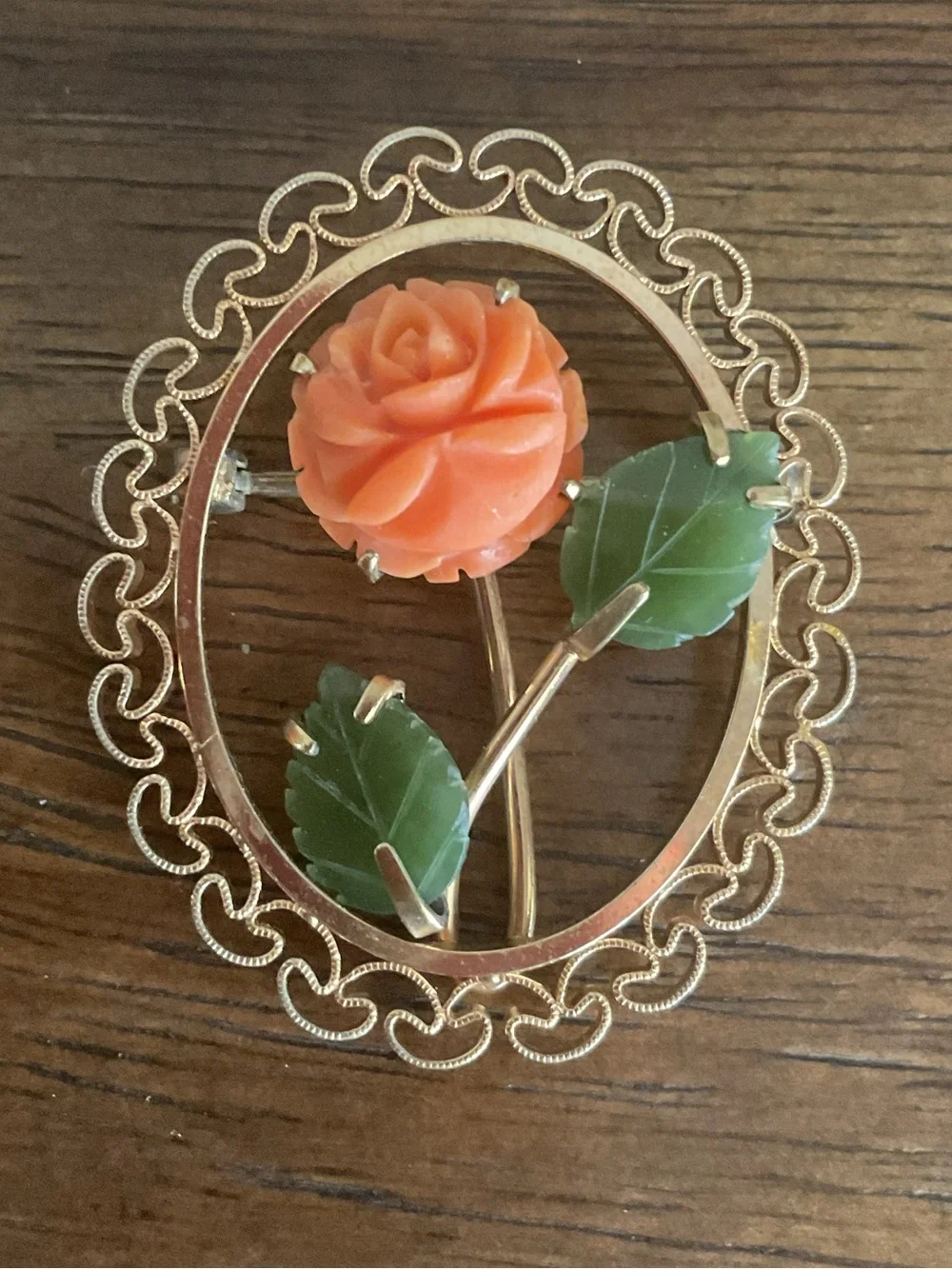Krementz Carved Coral and Jade Rose Flower Filigree Brooch